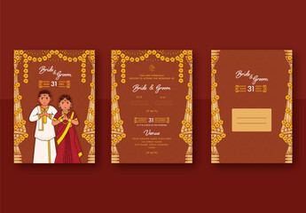 Hindu Wedding Invitation Card Layout with Bride and Groom Character Illsutrations in Traditional Attires, Inner Pages  with Envelope  Template.