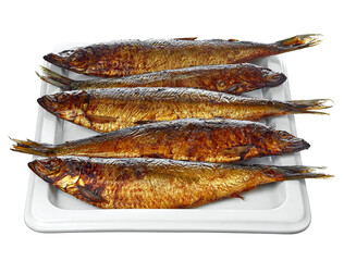 Five delicious smoked herring, lying on a rectangular plate, isolated on a white background. Delicious, natural and healthy food..