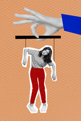 Creative photo collage of young woman hanging silhouette authority manipulation abuse marionette...