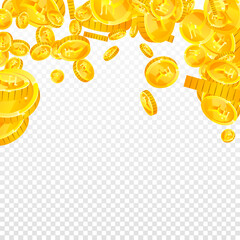 Indian rupee coins falling. Scattered gold INR