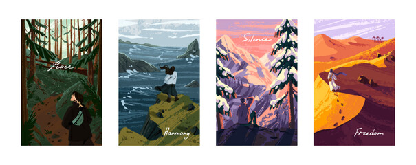People in calm nature, vertical landscapes cards set. Peaceful travel, adventure, walk in mountain, sea, forest, desert. Serenity, harmony, freedom, silence concept. Flat vector illustrations