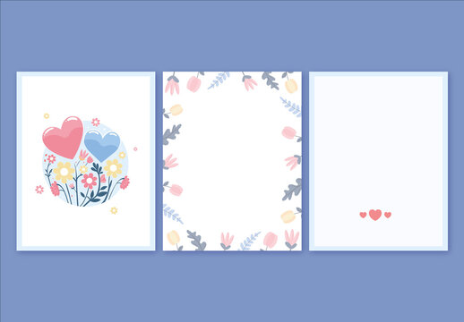 Valentines Day or Love Greeting Card Layout with Colorful Flowers and Heart Shapes Bunch