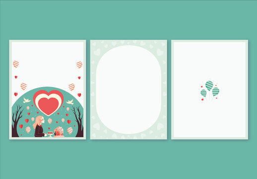 Valentines Day or Love Greeting Card Layout with Young Girl Character at Bakery Shop, Nature Background. 