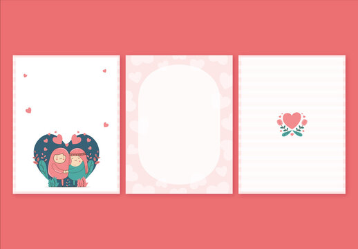 Valentines Day or Love Greeting Card Layout with Cute Tribal Couple Holding Hands and Heart Shapes in the Background.