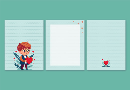 Valentines Day or Love Greeting Card Layout with Cute Boy Holding a Heart on Abstract Background.