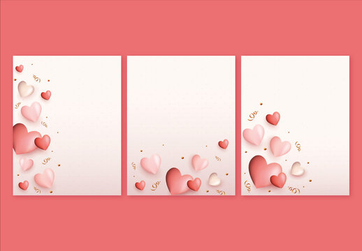 Valentines Day or Love Greeting Card Layout with Shiny Heart Shapes.