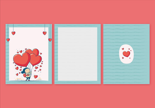 Valentines Day or Love Greeting Card Layout with Cute Girl Holding Giant Heart Shape Balloons Bunch. 