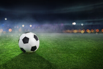 Fototapeta na wymiar Soccer ball lies on stadium grass in the smoke with copy space, 3D Illustration