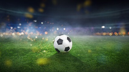 Fototapeta na wymiar Soccer ball lies on stadium grass in the smoke, 3D Illustration