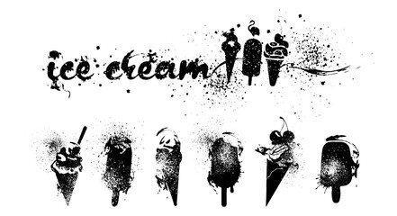 Ice Cream Vector Collection. Design set of isolated ice cream sketches with effect splashes and hatching. With many details.