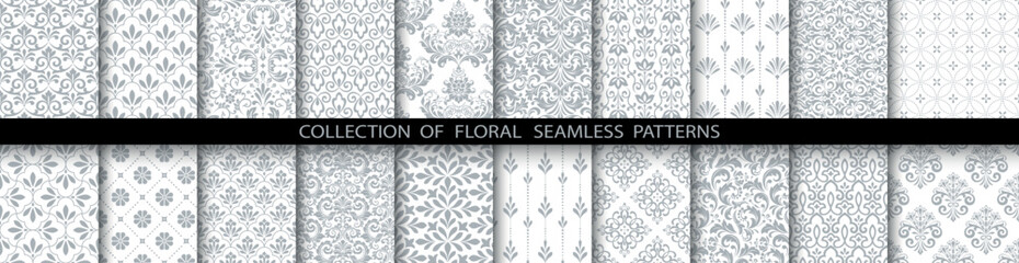 Geometric floral set of seamless patterns. White and gray vector backgrounds. Damask graphic ornaments