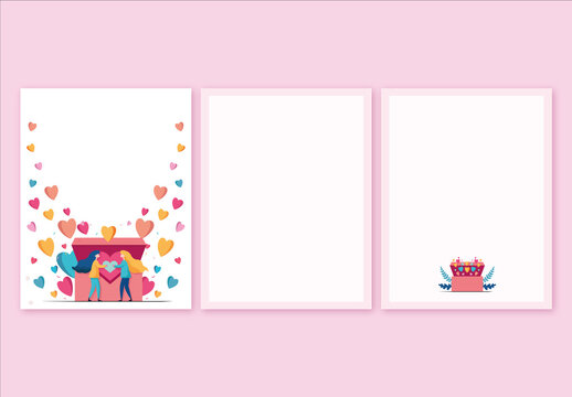 Valentines Day or Love Greeting Card Layout with Couple Characters Opening a Big Love Box, and Colorful Hearts on the Background.