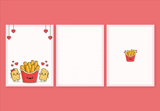 Cute Valentines Day or Love Greeting Card Layout with Cute Happy French Fries and Toasts. 