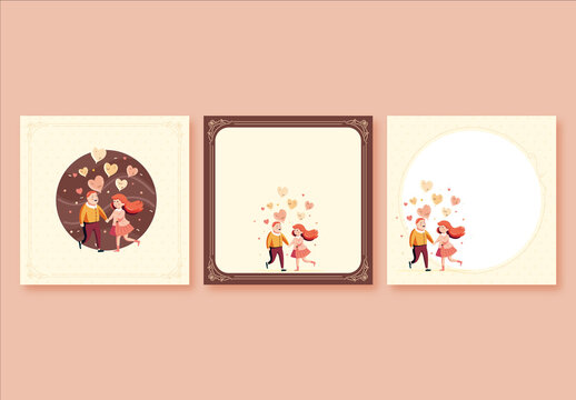 Valentines Day or Love Greeting Card Layout with Cute Couple Characters Holding Hands and Heart Shape Balloons. 