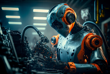 Fototapeta premium Generative AI illustration of a humanoid robot working in a future factory, horizontal image