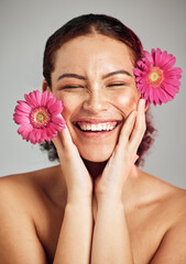 Natural beauty, flowers and face of happy woman with eco friendly makeup, facial product or floral skincare glow. Sustainable cosmetics, spa salon girl and model smile isolated on studio background