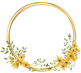 Gold yellow border frame with yellow flowers blossom and little leaves hand-drawn watercolor, for banner, invitation, wedding card