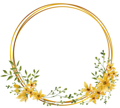 Gold yellow border frame with yellow flowers blossom and little leaves hand-drawn watercolor, for banner, invitation, wedding card