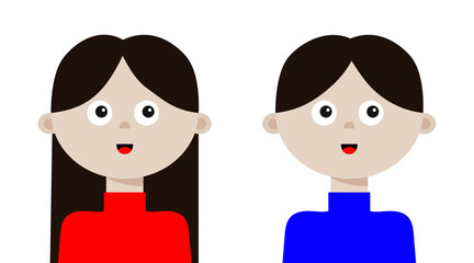 Portrait of man woman set. Young little kid girl boy face. Black hair. Lady, female, male. Brunette hairstyle. Social networks avatar. Cute cartoon character. Flat design. White background.