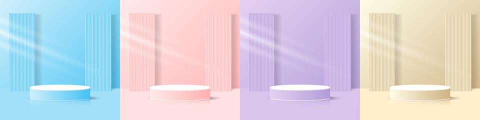 Naklejka na ściany i meble set of realistic 3d cylinder pedestal podium or stand with pastel blue, pink, purple and beige or brown background 3d render with two sheets of rectangle backdrop minimal scene. Product display Stand