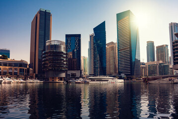 Naklejka na ściany i meble Dubai city downtown, modern architecture with skyscrapers