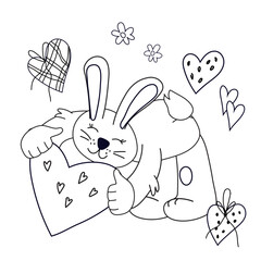 Children coloring book page with bunny holding hearts, flat vector illustration isolated on white background. Lovely cute rabbit in outline drawing.