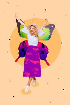 Photo collage of young beautiful pretty lady wear summer outfit painted skirt with sunhat chill dance butterfly wings isolated on beige background