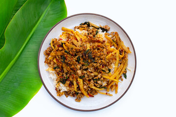 Rice with spicy stir fried pork with holy basil and preserved bamboo shoot
