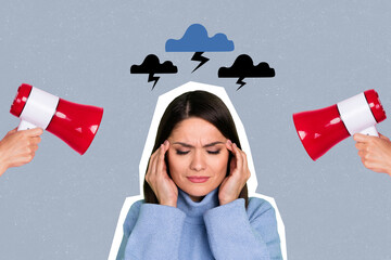 Photo collage artwork of young woman worker stressed depressed headache pain megaphone bully clouds...