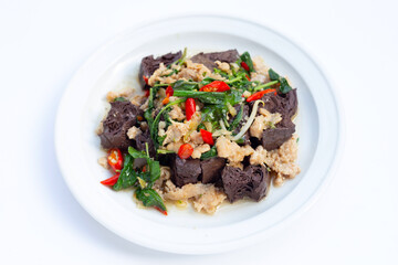 Stir-fried chicken blood cubes and minced pork with holy basil