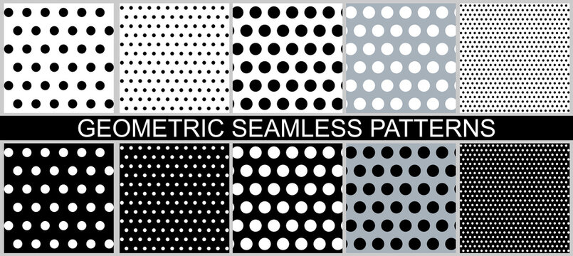 A set of ten fashionable black and white classic polka dot patterns, retro style.