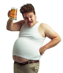 An overweight man raising his beer in toast isolated on a PNG background.