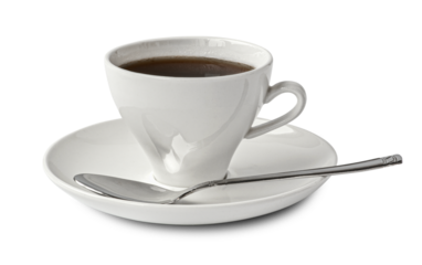 Drink beverage. Cup of black coffee with spoon. Isolated png transparent