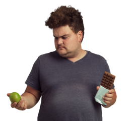 An overweight man deciding between an apple and a chocolate bar isolated on a PNG background.