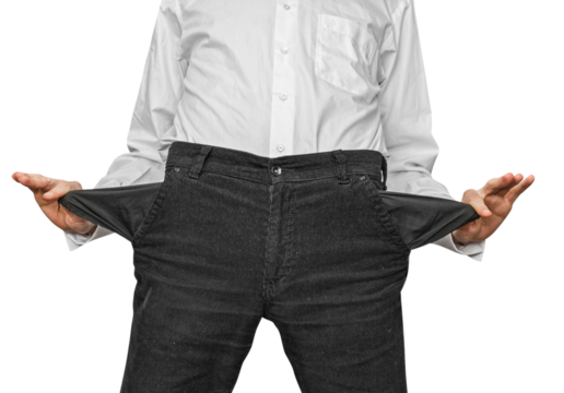 Businessman bankrupt. Hands with two empty pockets. Isolated on transparent - Powered by Adobe