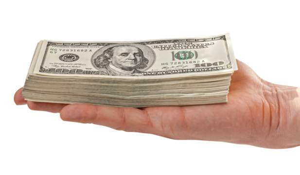 Big pile of money dollars in the hand. png transparent - Powered by Adobe