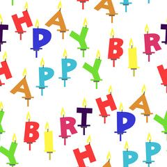 A pattern of birthday candles with a colorful font design. Bright festive letters of happy birthday in a scatter. Background for holiday gift wrapping, textiles.