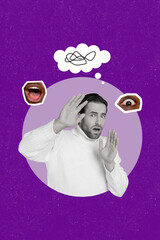 Vertical collage image of black white gamma impressed scared guy walking mouth watching eye...