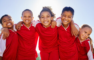 Group portrait, girl football and field with smile, team building motivation or solidarity at sport...
