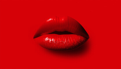 Glossy red lips on red  background. Generative Ai