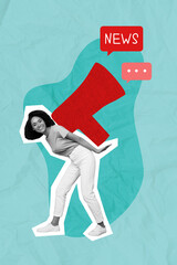 Creative vertical photo design collage of young reporter interview woman hold huge megaphone...