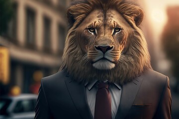 Portrait gray lion Wearing business suit  ,new york city background, generative ai

