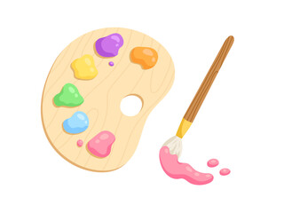 Colorful color palette with painting brush. Flat vector illustration of art supplies. Acrylic color palette and brush isolated on white background. Painting picture. Artist's equipment.