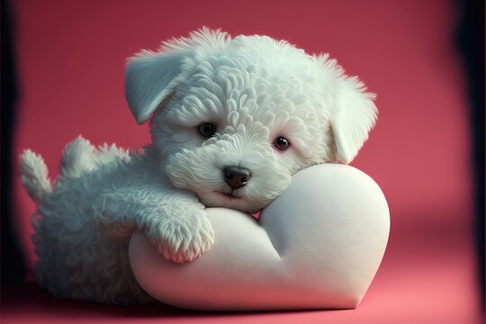 Cute Valentine's Day card image of an adorable white puppy dog playing with a heart-shaped pillow on a pink background, copy space