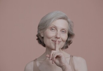 Close up portrait of beautiful mature grey-haired woman making hush gesture isolated on light brown...