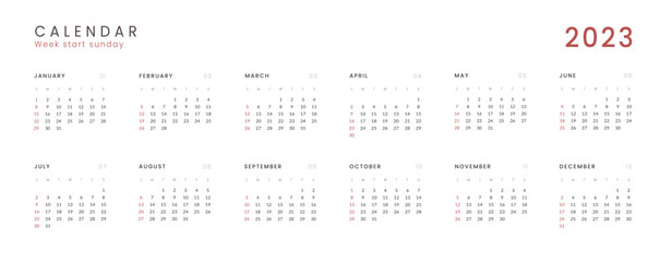 2023 Annual Calendar template with transparent background. Vector layout of a wall or desk simple calendar with week start Sunday. Calendar design in black and white colors, holidays in red colors.