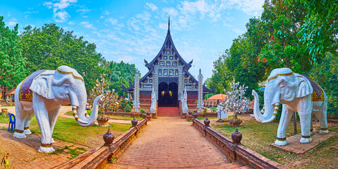 The Viharn and elephant statues in garden of Wat Lok Moli, Chiang Mai, Thailand