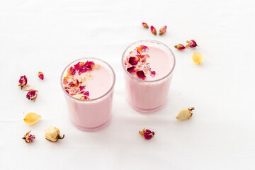 Pink red velvet latte tea or coffee. Cold healthy drink