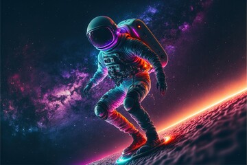 Fototapeta na wymiar Astronaut Surfing in the nebula water wave and stars with neon light effects. Astronaut surfing in the galaxy. astronaut. high-definition colorful galaxy. universe. galaxy. Generative AI