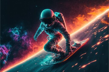 Obraz na płótnie Canvas Astronaut Surfing in the nebula water wave and stars with neon light effects. Astronaut surfing in the galaxy. astronaut. high-definition colorful galaxy. universe. galaxy. Generative AI